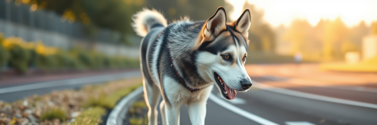 Beautiful husky dog walking along a peaceful path during sunset in a serene natural setting